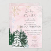 Invitation Noël hiver verdure baby shower rose (Devant / Derrière)