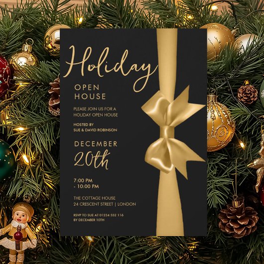 Invitation Noël Holiday Open House Gold Ribbon Noir