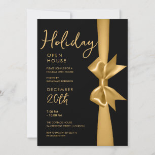 Invitation Noël Holiday Open House Gold Ribbon Noir