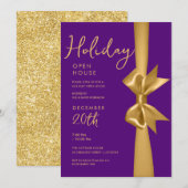 Invitation Noël Holiday Open House Gold Ribbon Purple (Devant / Derrière)