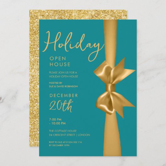 Invitation Noël Holiday Open House Gold Ribbon Turquoise (Devant / Derrière)