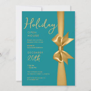 Invitation Noël Holiday Open House Gold Ribbon Turquoise