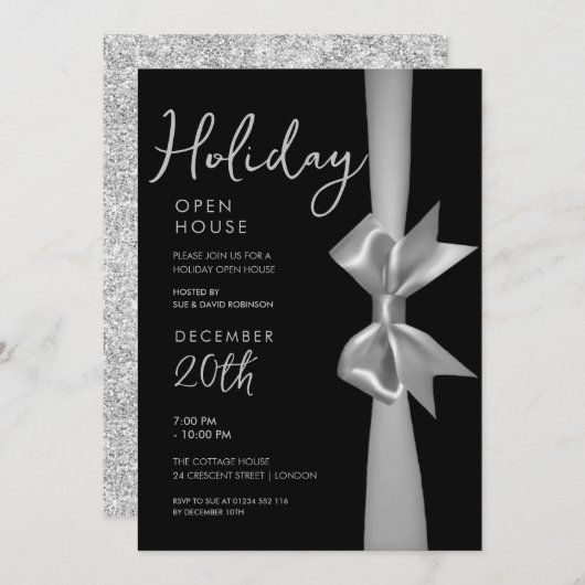 Invitation Noël Holiday Open House Ribbon en argent (Devant / Derrière)