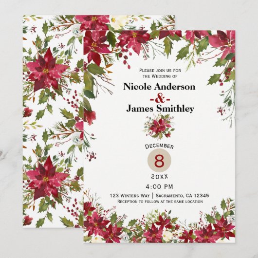 Invitation Noël Holiday Poinsettia Holly Berry Mariage (Devant / Derrière)