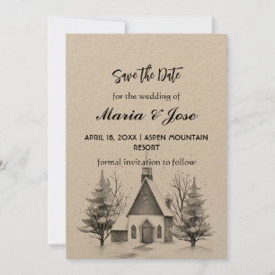 Invitation Noël Kraft Hiver Église Pin Save the Date