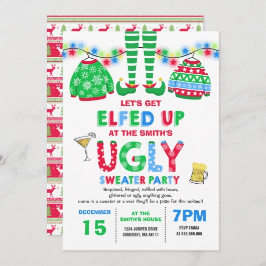 Invitation Noël laid Elfed d'invitation de partie de chandail (Devant / Derrière)