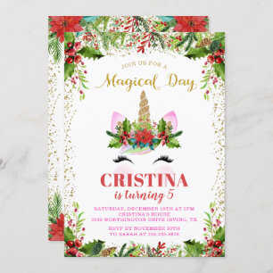 Invitation Noël magique Holly Berries Unicorn Anniversaire