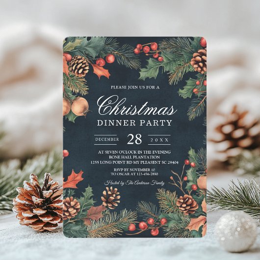 Invitation Noël Marine Bleu et Pins