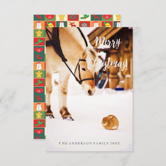 Invitation Noël mignon animaux neige cheval ferme pays (Devant / Derrière)