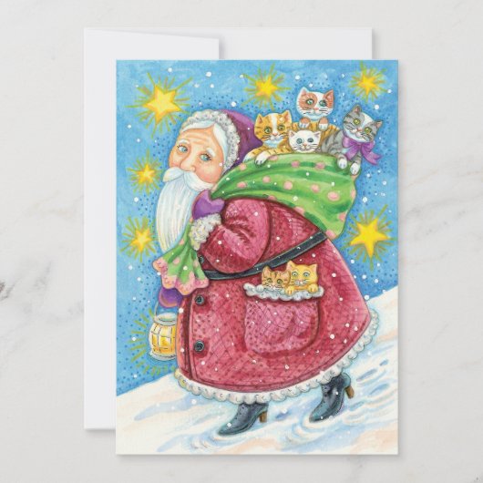 Invitation Noël mignon, Père Noël avec chatons et chats ! (Devant)