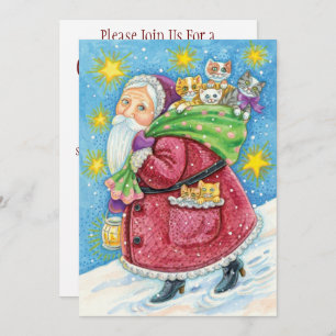 Invitation Noël mignon, Père Noël avec chatons et chats !