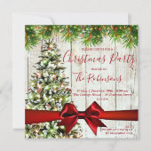 Invitation Noël MODERNE Arbre rustique, Lumières et Ruban Rou (Devant)