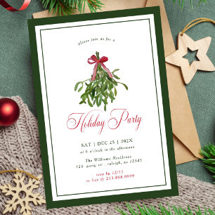 Invitation Noël Moderne Guirlande de Gui Fête Rouge Ruban