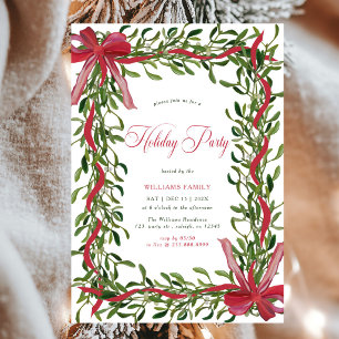Invitation Noël Moderne Guirlande de Gui Fête Rouge Ruban