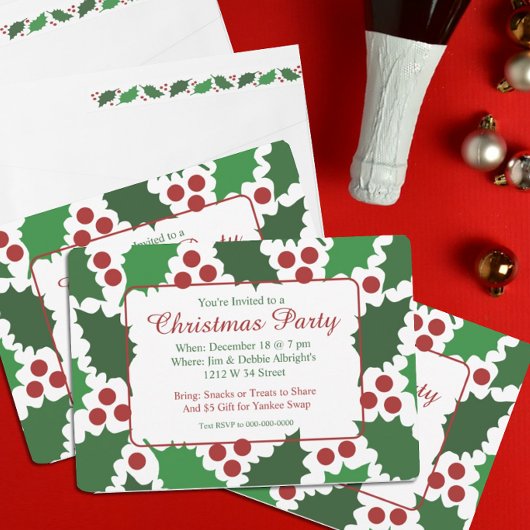 Invitation Noël Moderne Vert & Rouge Jolly Holly