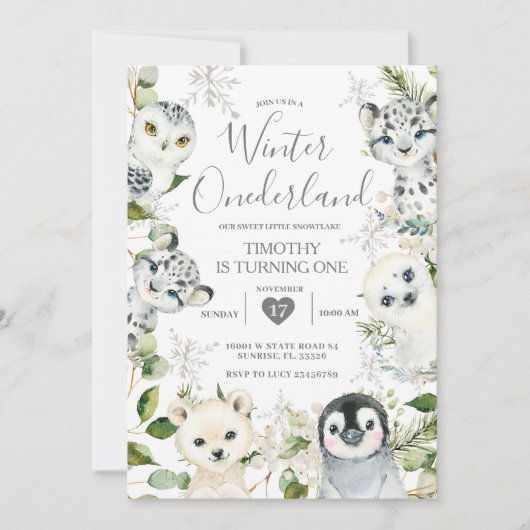 Invitation Noël ONE derland Arctic Animals Garçon 1er naissan (Devant)