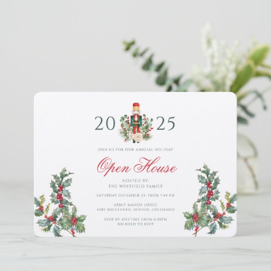 Invitation Noël Open House Red Berries Vert (Debout devant)