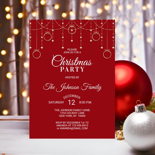 Invitation NOËL PARTI ROUGE Gold Parties scintillant Étoiles