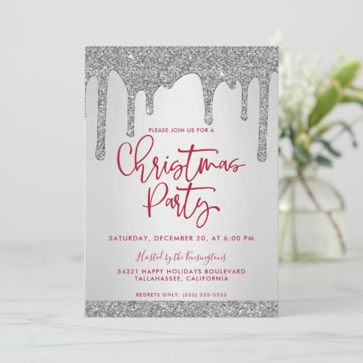 Invitation Noël Parties scintillant argent gouttes fête de No (Debout devant)