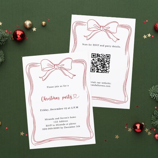 Invitation Noël Party code QR à main levée arc rouge