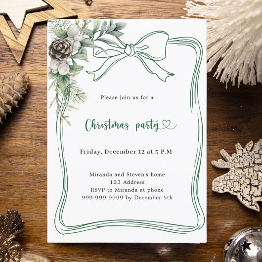 Invitation Noël Party de pin de verdure de ruban vert