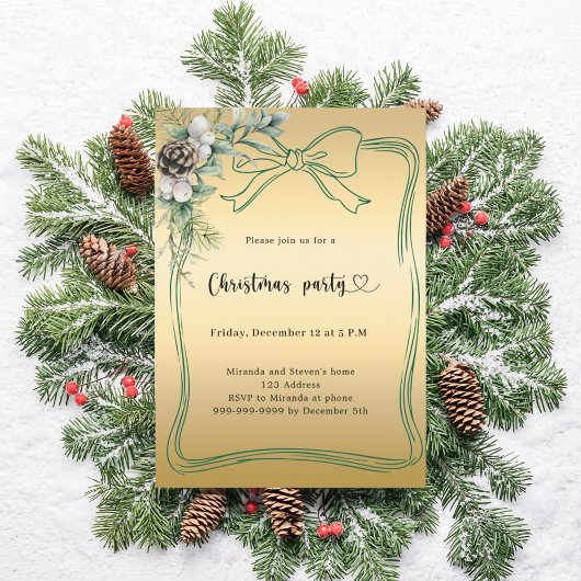 Invitation Noël Party de pin vert bow doré