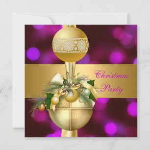 Invitation Noël Party Gold Balls violet rose