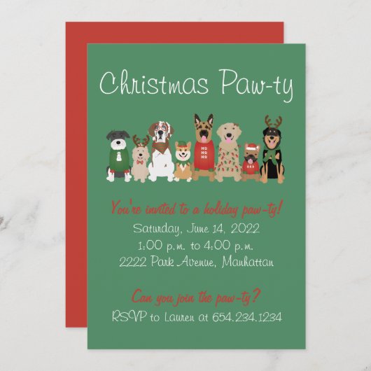 Invitation Noël Pawty Chien de vacances Rouge Vert (Devant / Derrière)