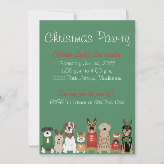 Invitation Noël Pawty Chien de vacances Rouge Vert (Devant)