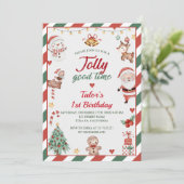 Invitation Noël Père Noël Jolly Bonne heure 1ère fête d'anniv (Debout devant)
