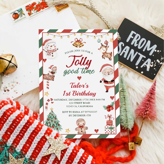 Invitation Noël Père Noël Jolly Bonne heure 1ère fête d'anniv