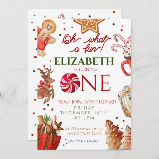 Invitation Noël Père Noël Reindeer ce 1er anniversaire amusan (Devant / Derrière)