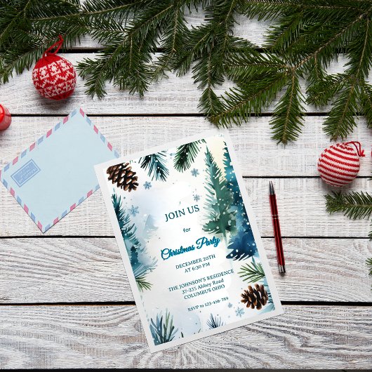 Invitation Noël personnalisable avec des arbres de pin à l'aq