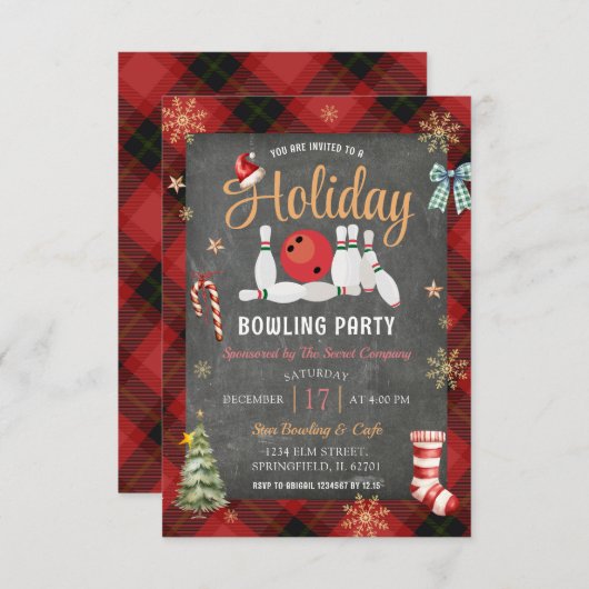 Invitation Noël Plaid Chalkboard Fête de Bowling (Devant / Derrière)