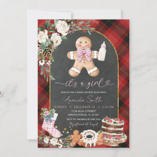 Invitation Noël Plaid pain d'épices Baby shower fille
