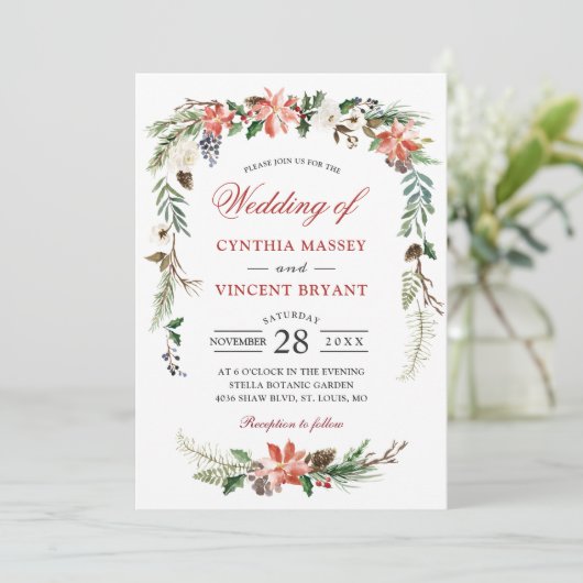Invitation Noel Poinsettia Arche Florale Mariage d'hiver (Debout devant)