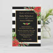 Invitation Noël Poinsettia Floral Black Stripes Mariage (Debout devant)
