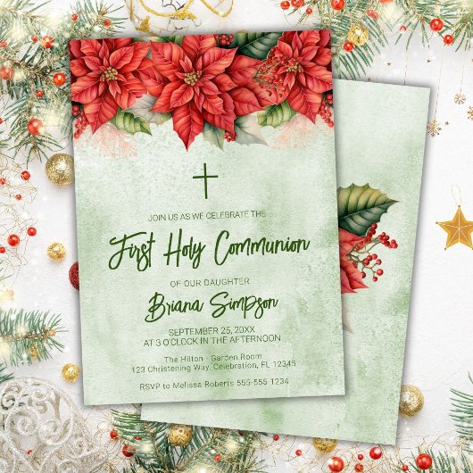 Invitation Noël Poinsettia Floral Première Communion sainte