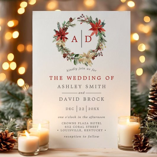 Invitation Noël Poinsettia Monogram Mariage de couronne