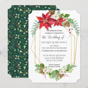 Invitation Noël Poinsettia Red Gold Terrarium Aquarelle
