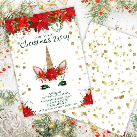 Invitation Noël Poinsettia Unicorne avec Green Font Party
