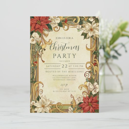 Invitation Noël Poinsettia vintage (Debout devant)