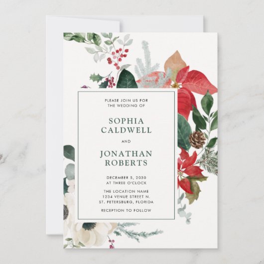Invitation Noël Poinsettias et verdure QR Code Mariage (Devant)