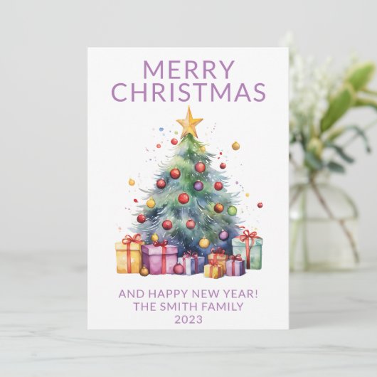 Invitation Noël présente des vacances violettes (Debout devant)