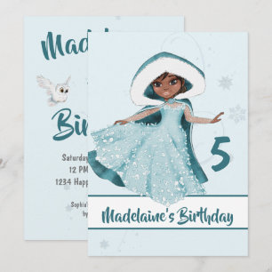 Invitation Noël Princesse Anniversaire Cheveux foncé Snowflak