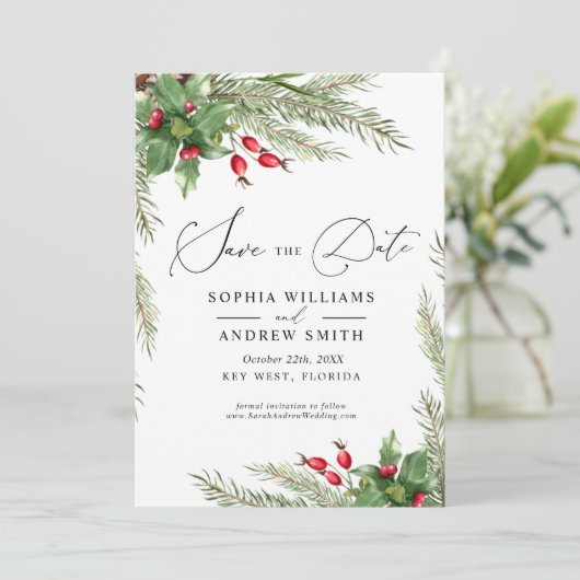 Invitation Noël Red Berries Sauvez la date (Debout devant)