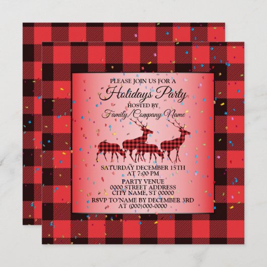 Invitation Noël Red Black Reindeer Vacances (Devant / Derrière)