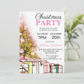 Invitation Noël rose mignon Arbre & Présents Vacances (Debout devant)