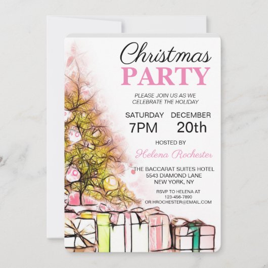 Invitation Noël rose mignon Arbre & Présents Vacances (Devant)