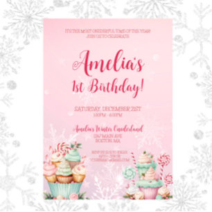 Invitation Noël rose Onederland Cupcake 1er anniversaire